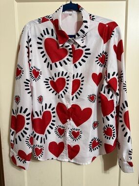 White Button-Up Blouse with Red Keith Haring Inspired Heart Print